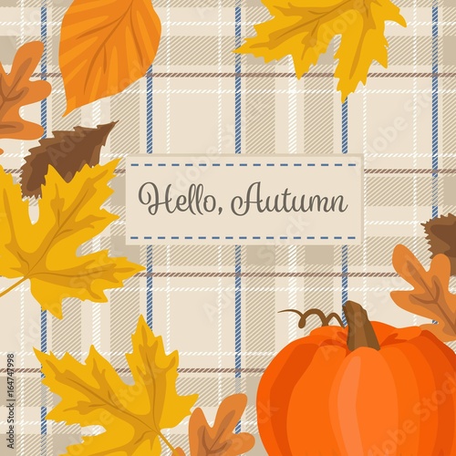 Autumn season background with pumpkin, yellow leaves and plaid fabric.
