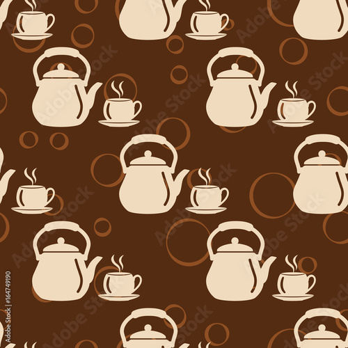 Retro kettle and hot cup pattern. Vector Seamless Background.