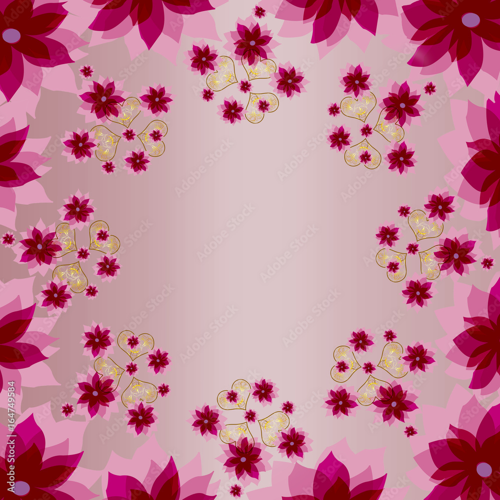 Decorative pink color  floral square background with hearts