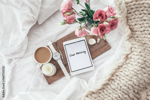 Photography Flowers in bed, good morning concept.