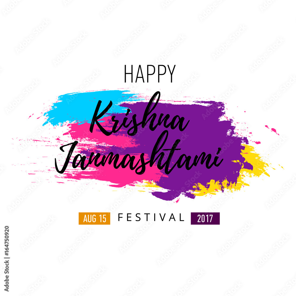 Vector banner, poster or greeting card for indian festival of Happy Krishna Janmashtami with hand drawn lettering