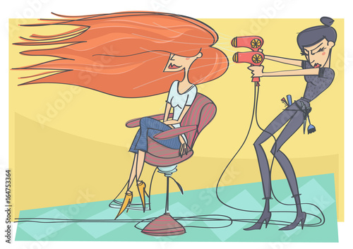 Cute vector cartoon of hairdresser using hairdryer on customer