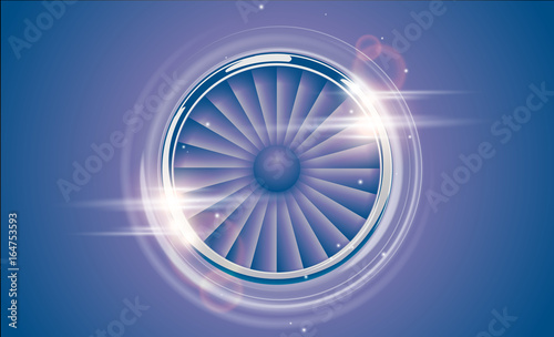 Jet Engine Turbine chrome ring in retro violet blue color style with lens flare light effect. Detailed Airplane Motor Front View. Vector aircraft turbo Fan of plane, machinery power icon symbol