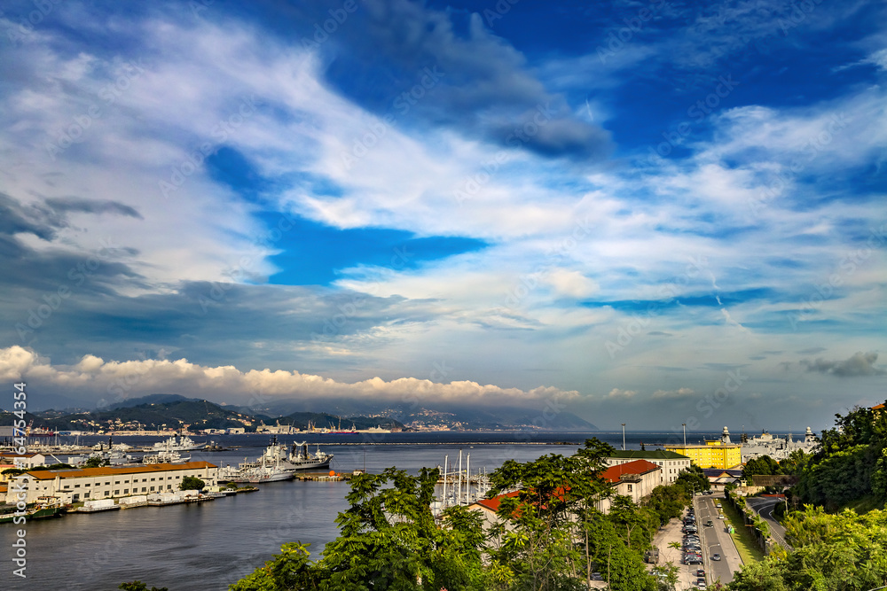Fototapeta premium Italy. La Spezia, the capital city of the provinze of La Spezia. Gulf of La Spezia - military and commercial harbours