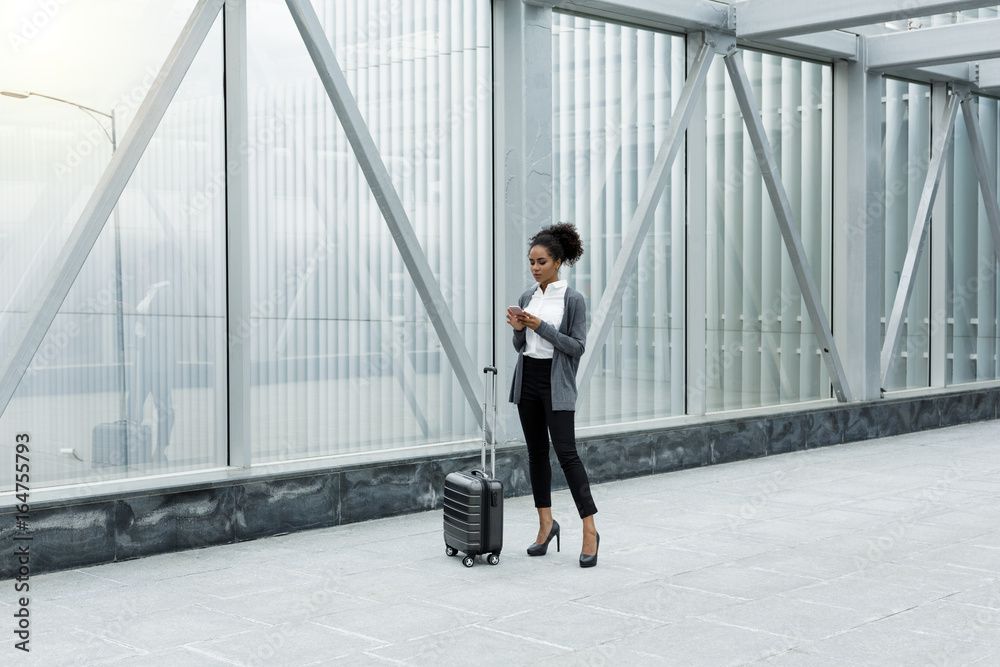 Businesswoman standing in airport terminal, checking mobile phone Businesswoman standing in airport terminal, checking mobile phone