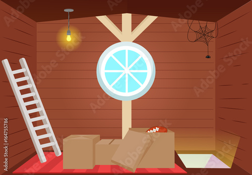 Bright cartoon interior attic.