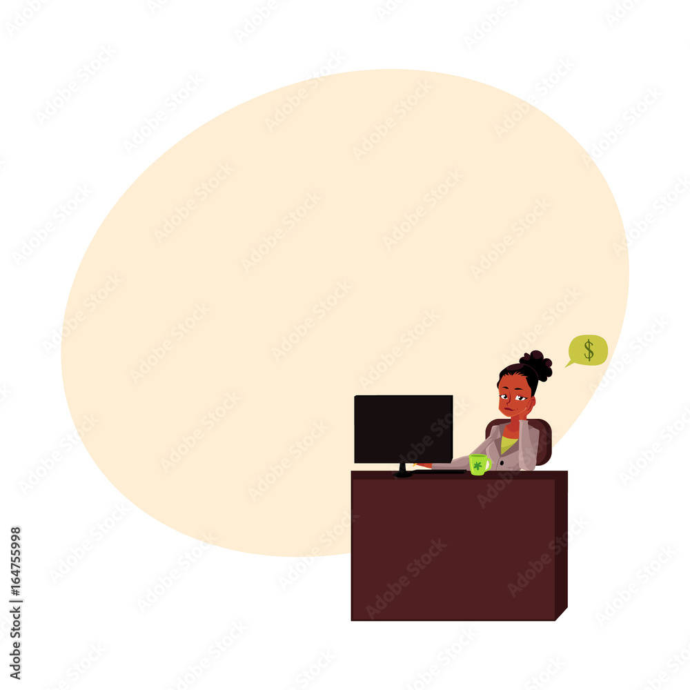 Black, African American businesswoman, secretary, sitting in office, thinking of money, cartoon vector illustration with space for text. Black businesswoman, secretary thinking of money