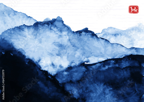 Traditional asian ink art with mountain landscape. Vector art illustration.
