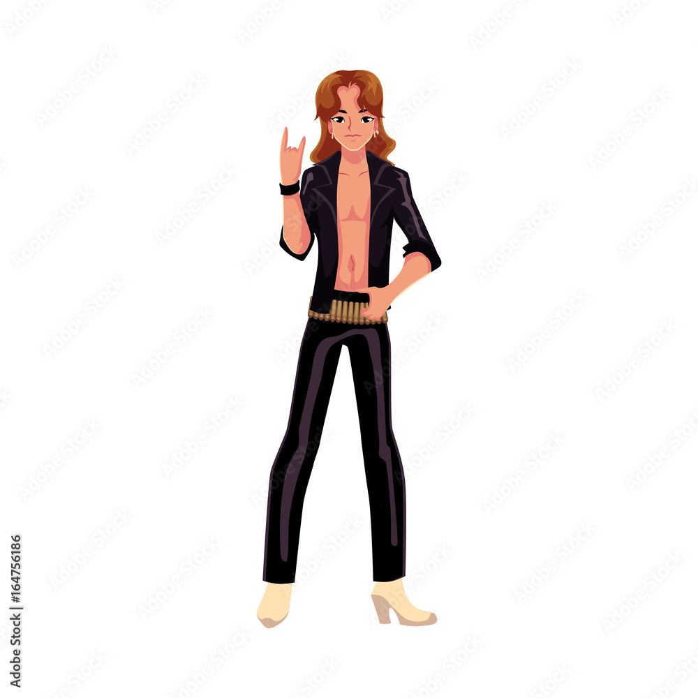 Young man wearing black leather clothes dressed as glam rock star, cartoon vector illustration isolated on white background. Full length portrait of young man dressed as glam rock star Young man wearing black leather clothes dressed as glam rock star, cartoon vector illustration isolated on white background. Full length portrait of young man dressed as glam rock star