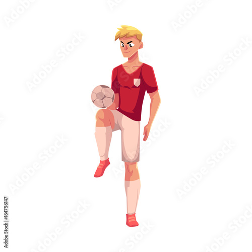 Soccer, football player playing keepie-uppie, ball juggling, cartoon vector illustration isolated on white background. Professional soccer player juggling a football ball, kicking it up with knee
