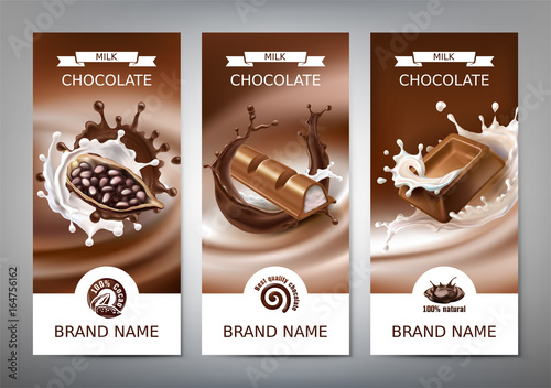 Set of vector 3D realistic illustrations, banners with splashes of melted chocolate and milk with falling pieces of chocolate bars, cocoa beans. Milk chocolate packaging design, template