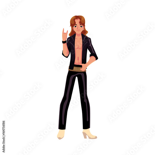 Young man wearing black leather clothes dressed as glam rock star, cartoon vector illustration isolated on white background. Full length portrait of young man dressed as glam rock star