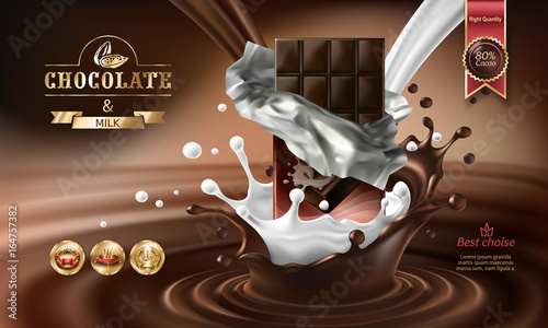 Vector 3D realistic illustration, splashes of melted chocolate and milk with falling chocolate bar. Excellent advertising poster for promoting elite dark chocolate