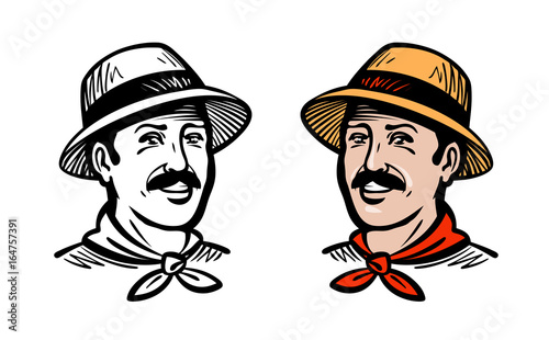 Portrait of happy farmer or gardener, logo. Farm, farming, gardening, horticulture, agriculture label. Sketch vector illustration