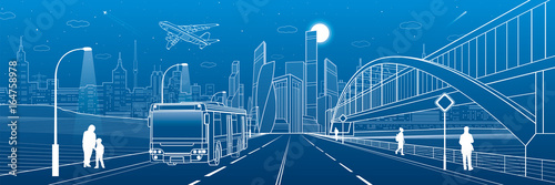 Pedestrian arch bridge. Bus rides on highway. City infrastructure, modern town in background, industrial architecture. People walking. Airplane fly. White lines, night scene, vector design art 