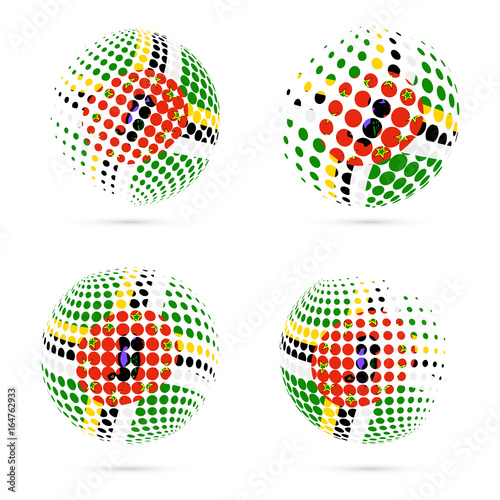 Dominica halftone flag set patriotic vector design. 3D halftone sphere in Dominica national flag colors isolated on white background. © Begin Again