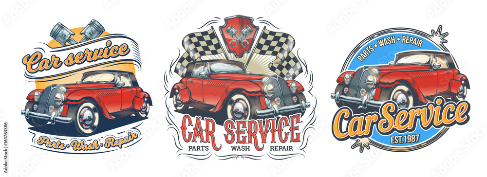 Set of vector vintage badges, stickers, signage for car service, car wash, store of spare parts with red retro car, isolated on white. Print, template, design element for advertising