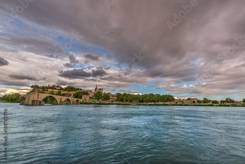 River Rhone  bridge of Avignon and The Popes Palace in Avignon   city of Popes   France