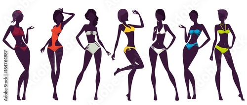 Women silhouettes, colorful swimwear and bikinis