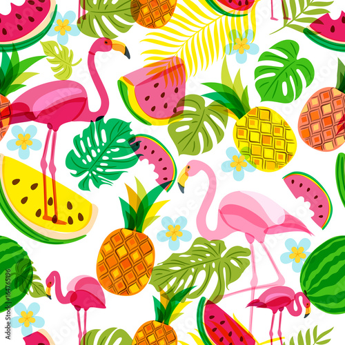Vector seamless tropical pattern with pink flamingo, palm leaves, watermelon and pineapples. Summer tropical illustration. Trendy design for summer fashion textile prints and backgrounds.