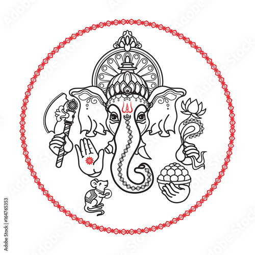 Hindu God Ganesha. Hand drawn tribal style. Vector.