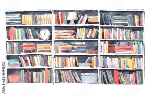Watercolor illustration. Modern library room with a lot of color books