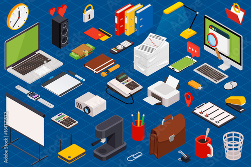 Flat 3d isometric computerized technology workspace infographic concept - vector illustration
