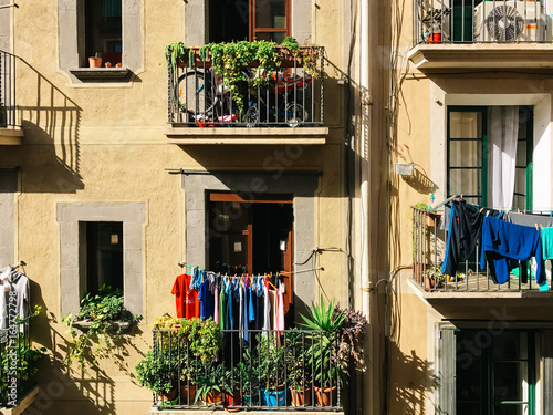 Barcelona Spain balcony scene with hanging laundry photo