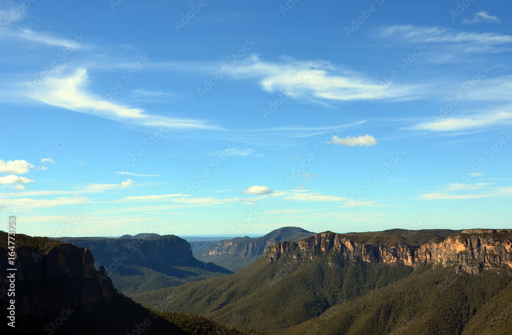 View of the Grose Valley from Govetts Leap lookout, Blue Mountains National Park, Blackheath, Australia. A World Heritage Area.