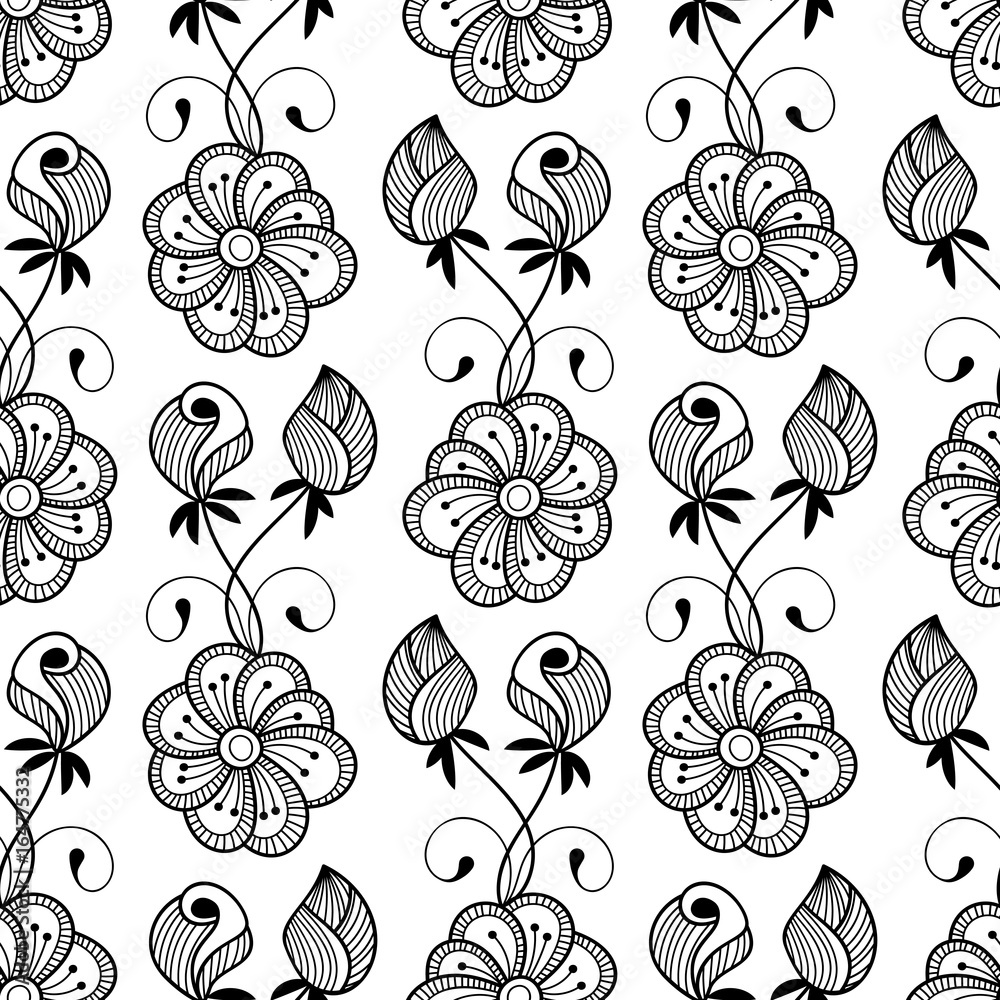 Seamless monochrome floral pattern. Hand drawn vector illustration