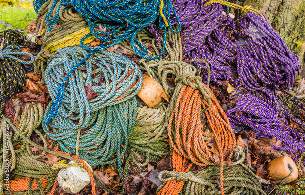 Colorful sink, hydropro and float ropes used for lobster traps sit in a ...