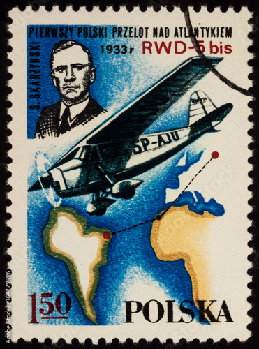 Polish aviator Stanislaw Skarzynski and his plane RWD-5bis on postage stamp