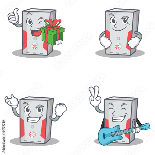 Set of computer character with gift smirking successful guitar