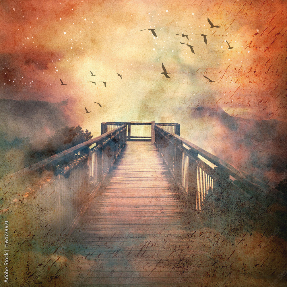 Fototapeta Atmospheric scene of a flock of birds and wooden bridge leading into low clouds in a surreal starry sky above misty mountains. Vintage, grunge textured image.