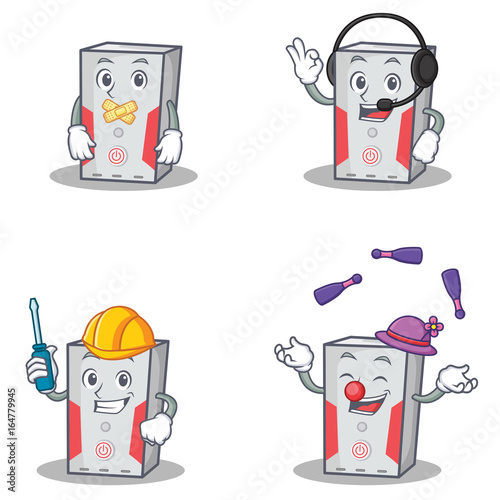 Set of computer character with silent headphone automotive juggling