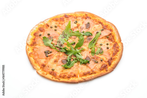 smoked salmon pizza isolated on white background