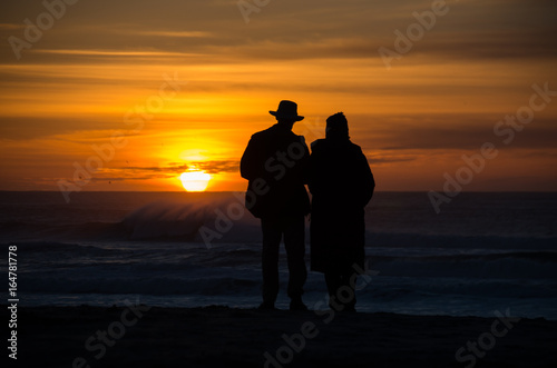 Elderly Couple holding each other in front of waves and sunset on the coast.