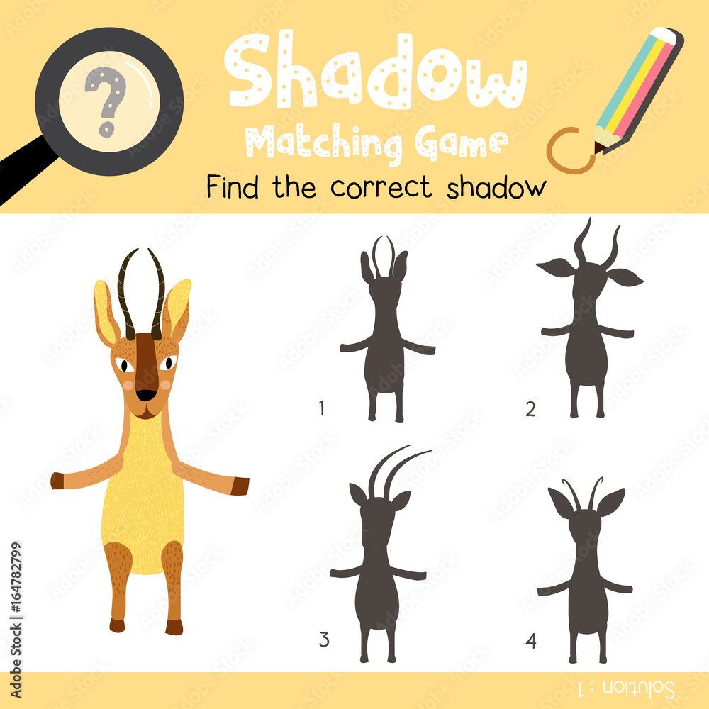 Shadow matching game of African animal antelope standing on two legs animals for preschool kids activity worksheet colorful version. Vector Illustration. Stock Vector | Adobe Stock Shadow matching game of African animal antelope standing on two legs animals for preschool kids activity worksheet colorful version. Vector Illustration. Stock Vector | Adobe Stock