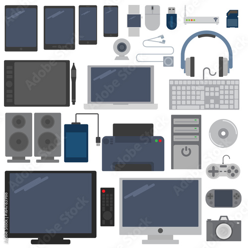 Electronic devices elements collection, flat icons set, Colorful symbols pack contains - Wireless technology electronic devices Vector illustration. Flat style design