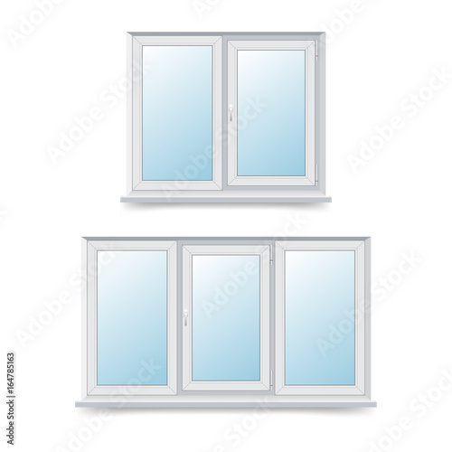 Vector illustration of a rectangular two-leaf and three-winged plastic windows. The design of the windows is swinging