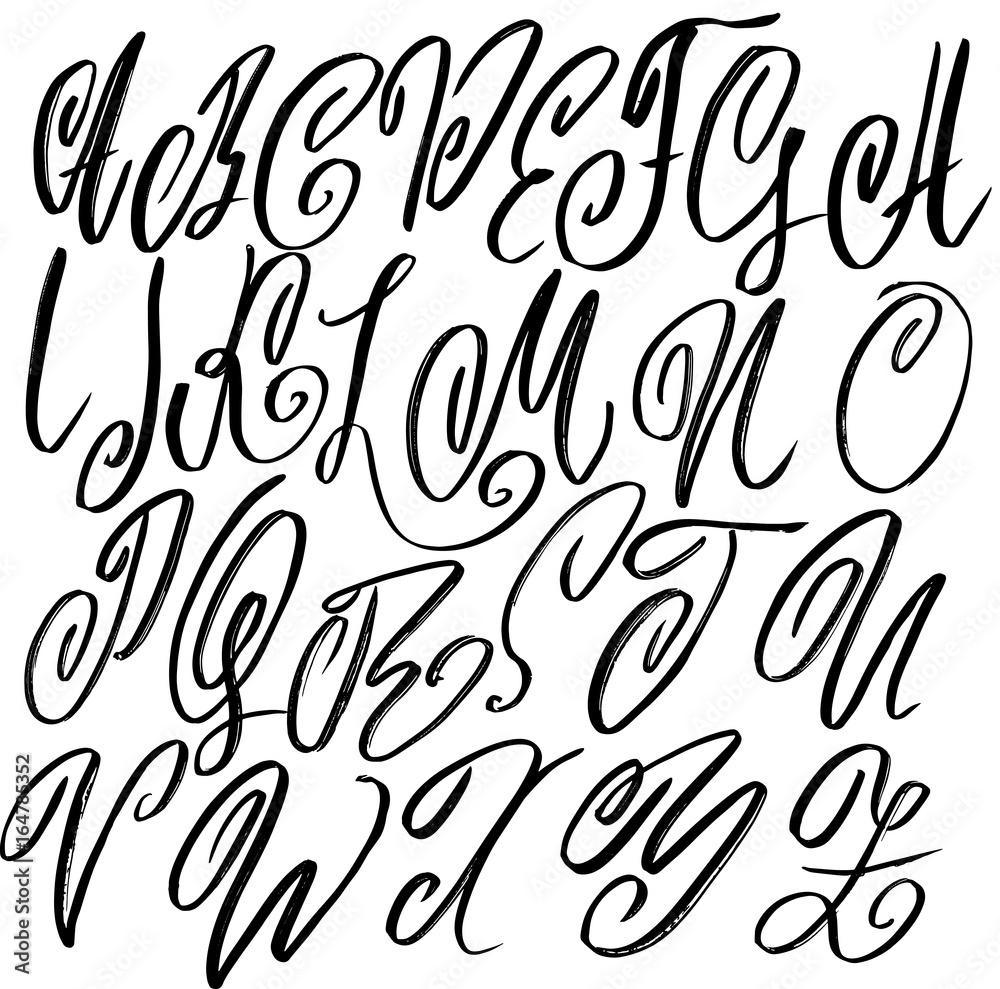 Hand drawn elegant calligraphy font. Modern brush lettering. Grunge style alphabet. Vector illustration.