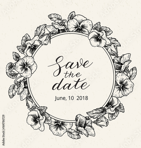 Wedding invitation design template with Save the date text and frame of vintage botanical flowers. 