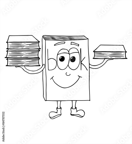 Hand drawing joyous book smiles and holds  piles of  books.  Vector line art illustration.