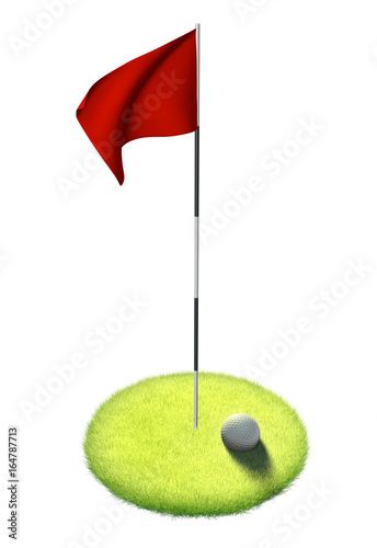 White golf ball and red flag sitting on grass putting green, 3D rendering