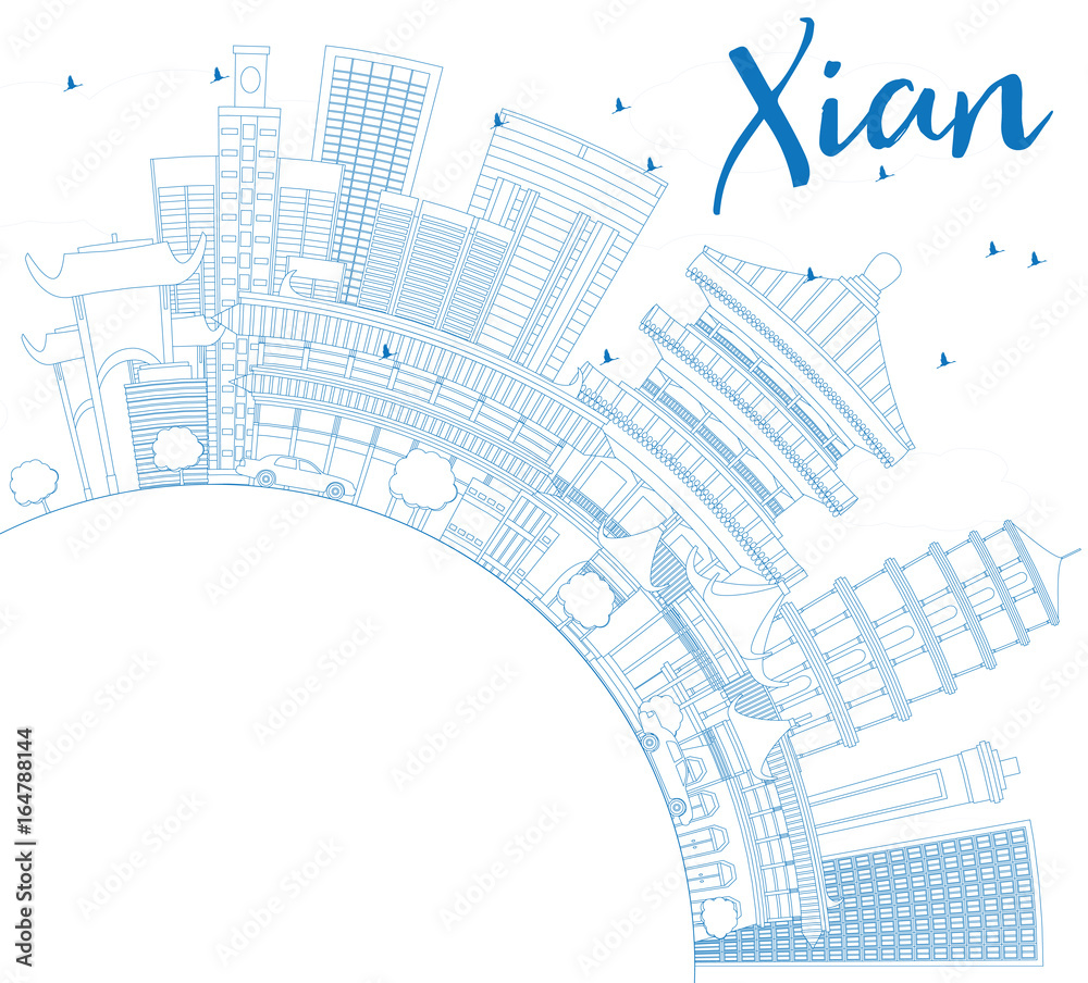 Outline Xian Skyline with Blue Buildings and Copy Space.