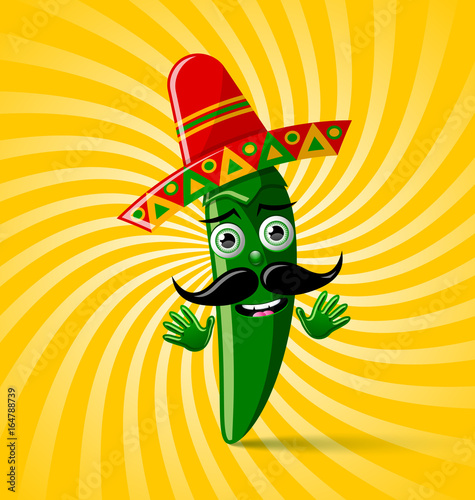 Green chilli pepper character with sombrero hat on twisted background
