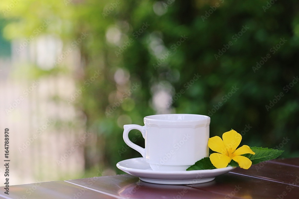 White coffee cup closeup on table relax at home outdoor background