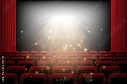 Movie theater background with red curtains, chairs, white screen and magic lights. Vector illustration.
