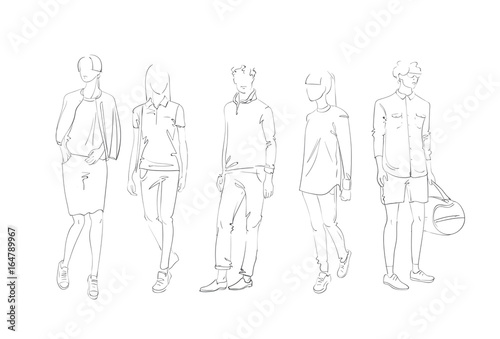 Fashion Collection Of Clothes Set Of Male And Female Models Wearing Trendy Clothing Sketch Vector Illustration