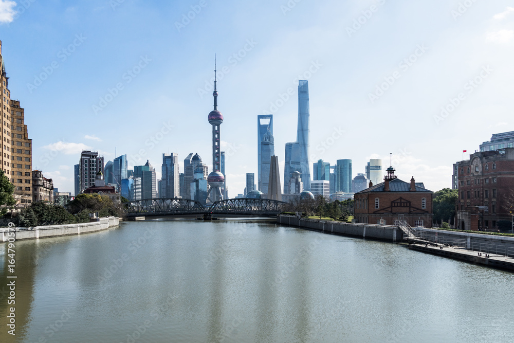 River And Modern Buildings Against Sky in Shanghai,China.